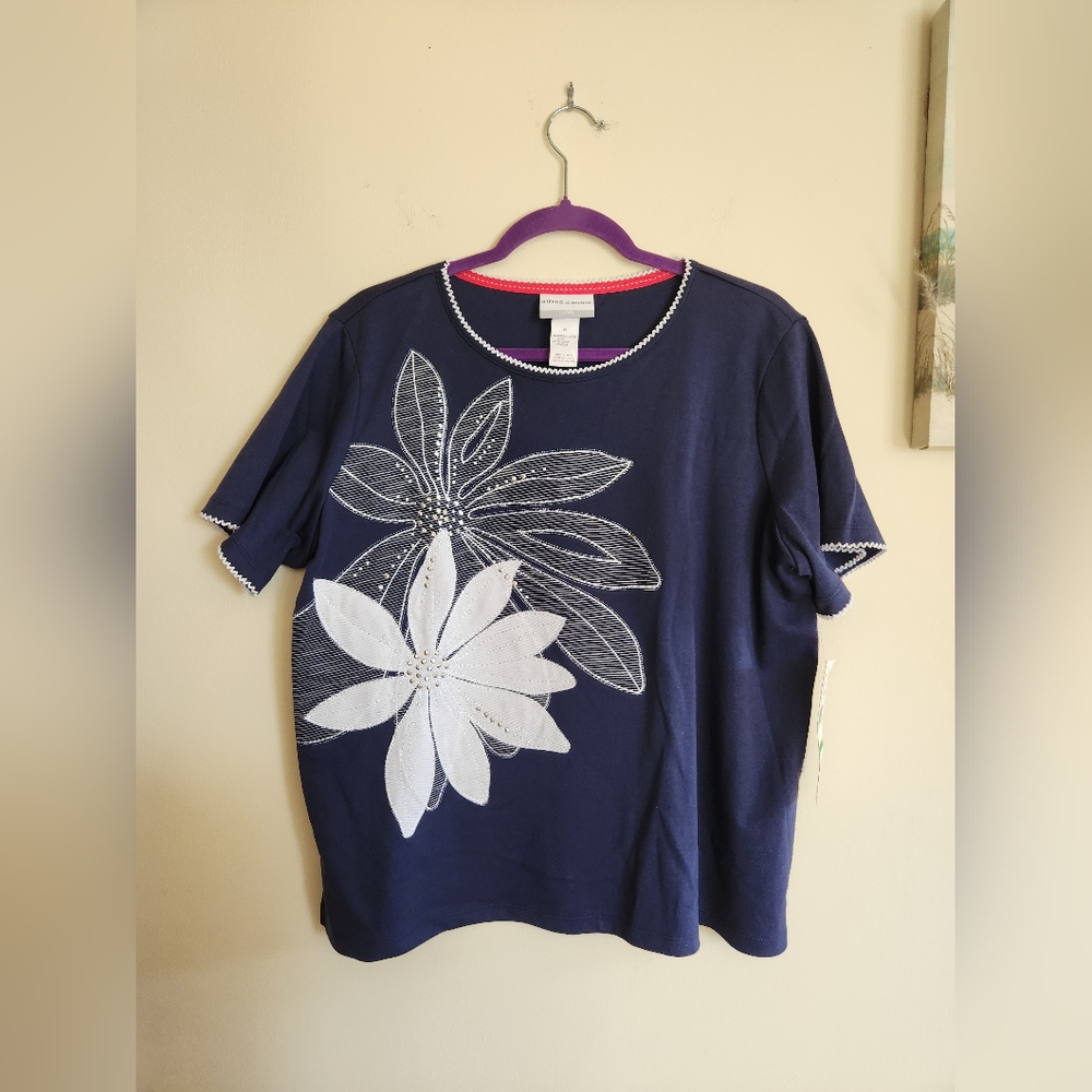Alfred Dunner Floral Top Petite Large Blue White PL NWT